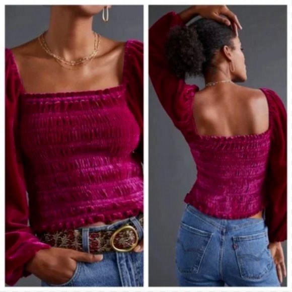 Anthropologie Smocked Puff Sleeve Square Neck Velvet Top - Picture 2 of 7